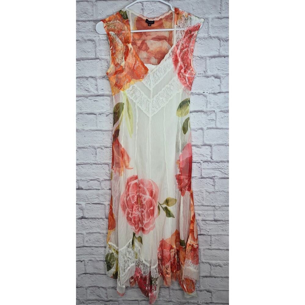 Komarov Dress Womens M Floral Lace Inset Crinkle Asymmetric Hem Midi Chiffon